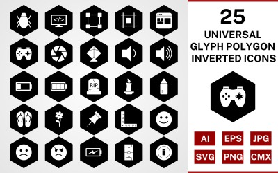 25 conjunto de iconos invertidos de polígono de glifo universal