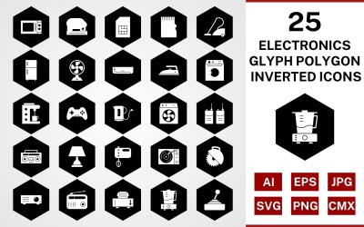25 dispositivi elettronici glifo poligono invertito Icon Set