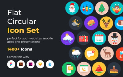 1400+ icono de conjunto circular plano
