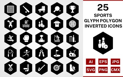 25 sport en games Glyph Polygon Inverted Icon Set