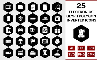 25 urządzeń elektronicznych Zestaw ikon odwróconego wielokąta glifów