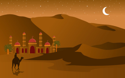 Night Desert Islamic Mosque Palm Tree - Illustration