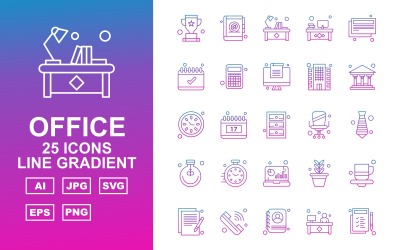 Conjunto de ícones de pacote gradiente de linha 25 Premium Office