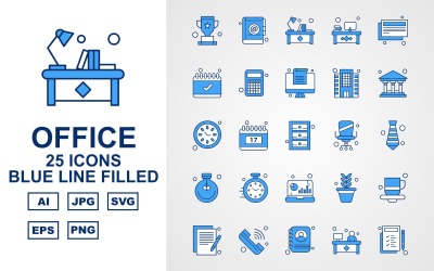 25 Premium Office Blue Line Gefüllte Packung Icon Set