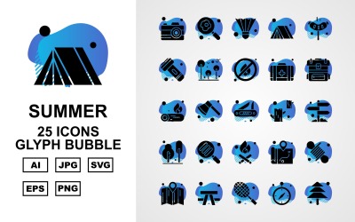 25 Premium Summer Glyph Bubble Simge Paketi Seti