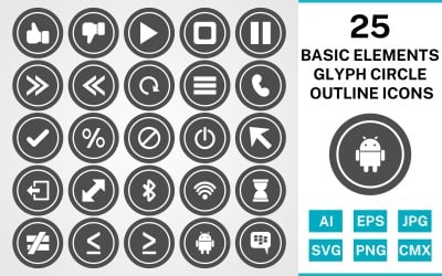 25 Basic Elements Glyph Circle Outline Icon Set
