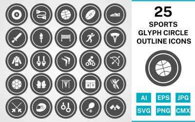 Conjunto de ícones de contorno de círculo de glifo 25 esportes e jogos