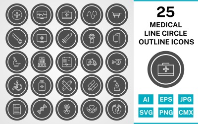 25 Medical Line Circle Outline Icon Set