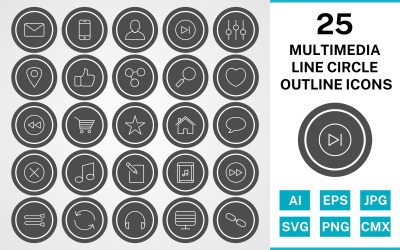 25 Multimedya Çizgi Daire Anahat Icon Set