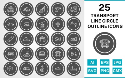 25 Transport Line Circle Outline Icon Set