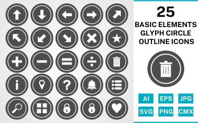 25 Basic Elements Glyph Circle Outline Icon Set