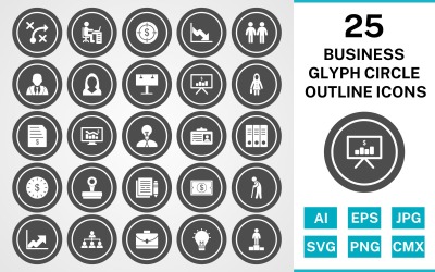 25 Business Glyph Circle Disposition Ikonuppsättning
