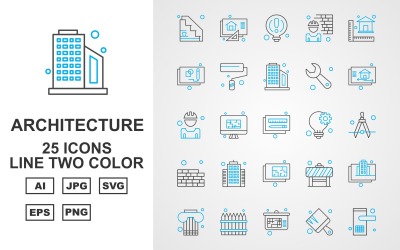 25 Conjunto de ícones de pacote de duas cores da linha Premium Architecture
