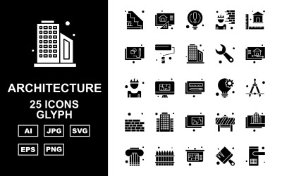 25 Conjunto de ícones de pacote de glifos de arquitetura premium