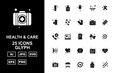25 Conjunto de ícones de pacote de glifos de saúde e cuidados premium
