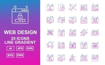 25 Conjunto de ícones de pacote de gradiente de linha azul Premium Web design e desenvolvimento