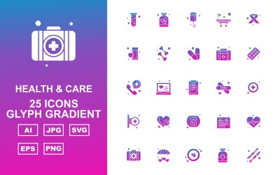 25 Conjunto de ícones de pacote gradiente de glifo de saúde e cuidados Premium