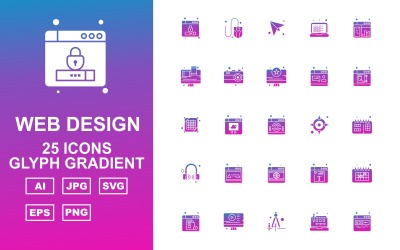 25 Conjunto de ícones premium para Web design e desenvolvimento Glyph Gradient Pack