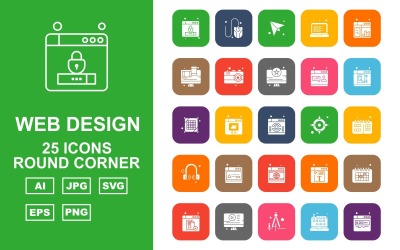 25 Conjunto de iconos de paquete de esquina redonda de diseño y desarrollo web premium