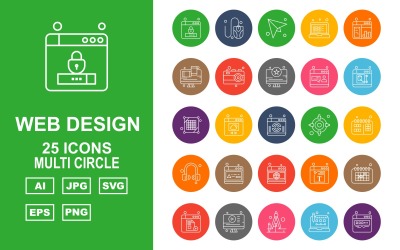 25 Conjunto de iconos de paquete de múltiples círculos de diseño y desarrollo web premium