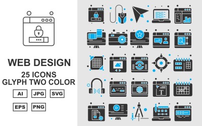 25 Ensemble d&amp;#39;icônes de pack de deux couleurs de glyphe de conception et de développement Web Premium
