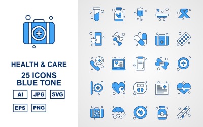 25 Premium Hälsa och vård Blue Tone Pack Ikonuppsättning