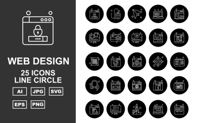 25 Premium Web Design e sviluppo linea Circle Pack Icon Set