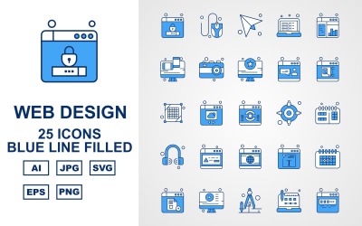 25 prémium web design és fejlesztés kék vonallal kitöltött csomag ikon készlet