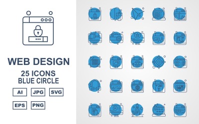25 Premium-Webdesign und -Entwicklung Blue Circle Pack Icon Set