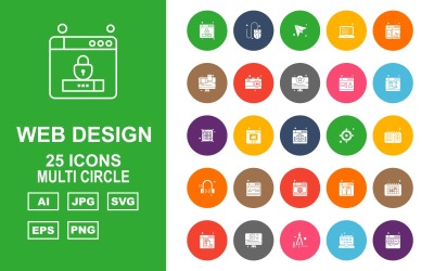 25 Premium-Webdesign und -Entwicklung Multi Circle Pack Icon Set