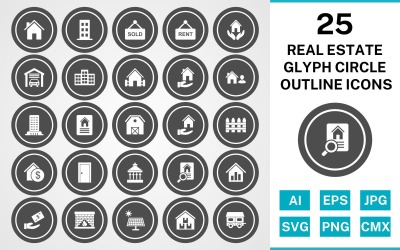 25 Real Estate Glyph Circle Outline Icon Set