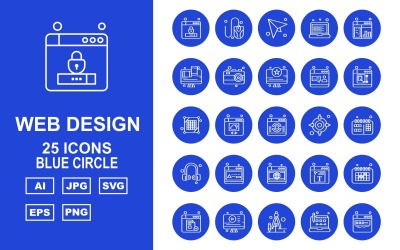 Sada ikon 25 Premium Web Design a vývoj modrý kruh Pack