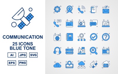 25 Conjunto de iconos de paquete de tono azul de red y comunicación premium