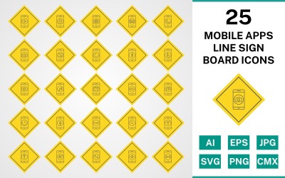 25 mobiele apps Line Sign Board Icon Set