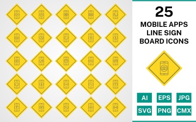 25 Mobile Apps Line Sign Board-Symbolsatz
