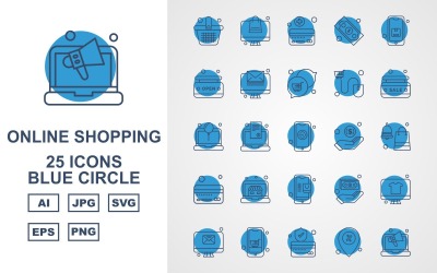 25 Premium Online Shopping Blue Circle Pack Icon Set