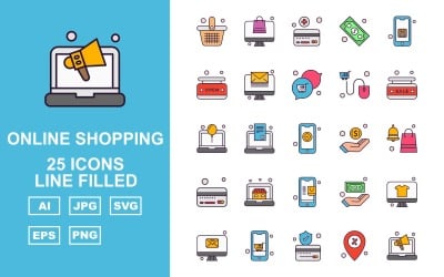 25 Premium Online Shopping Line Fylld Pack Ikonuppsättning