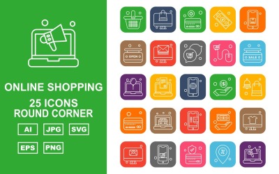 25 Premium Online Shopping Round Corner Pack Icon Set