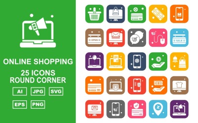 25 Premium Online Shopping Round Corner Pack Ikonuppsättning