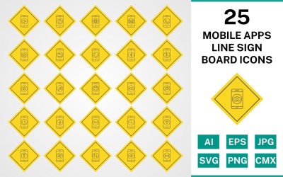 25 set di icone del bordo del segno di linea di app mobili
