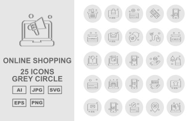 25 Set di icone del pacchetto cerchio grigio dello shopping online premium