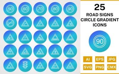 25 vägmärken cirkel lutning Ikonuppsättning