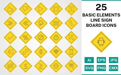 25 alapvető elem Vonal jelzőtábla ikonkészlet