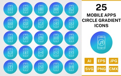 Conjunto de ícones de gradiente de círculo de 25 aplicativos móveis