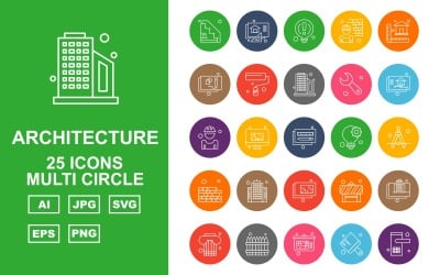 25 Conjunto de ícones de Multi Circle Pack de Arquitetura Premium