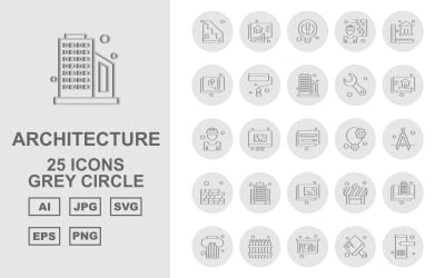 25 Conjunto de ícones de pacote de círculo cinza de arquitetura premium