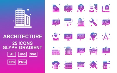 25 Conjunto de ícones de pacote gradiente de glifo de arquitetura premium