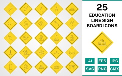 25 Conjunto de ícones de placa de sinal de linha educacional