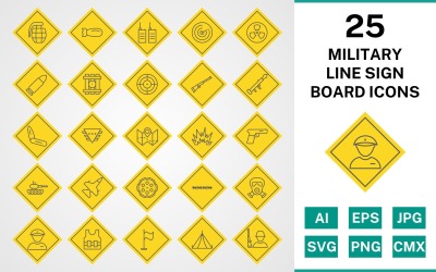 25 Conjunto de ícones de placa de sinal de linha militar