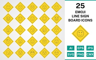 25 Emoji Line Sign Board Ikonuppsättning